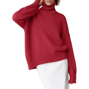 ANRABESS Womens Turtleneck Sweaters Oversized Chunky Long Sleeve Knit High Low Hem Pullover Top 2025 Fall Winter Fashion(Red)
