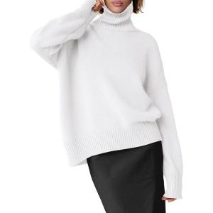 ANRABESS Womens Turtleneck Sweaters Oversized Chunky Long Sleeve Knit High Low Hem Pullover Top 2025 Fall Winter Fashion(White)