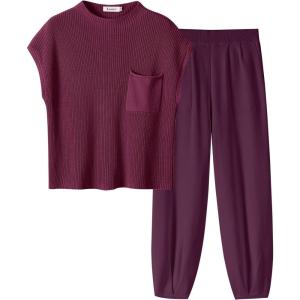 ANRABESS Women’s Two Piece Outfits Knit Sweater Vest Crop Top Pants Lounge Matching Tracksuit Sweatsuit Travel Clothes Sets(Burgundy)