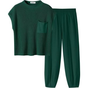 ANRABESS Women’s Two Piece Outfits Knit Sweater Vest Crop Top Pants Lounge Matching Tracksuit Sweatsuit Travel Clothes Sets(Dark Green)