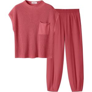 ANRABESS Women’s Two Piece Outfits Knit Sweater Vest Crop Top Pants Lounge Matching Tracksuit Sweatsuit Travel Clothes Sets(Hot Pink)