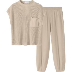 ANRABESS Women’s Two Piece Outfits Knit Sweater Vest Crop Top Pants Lounge Matching Tracksuit Sweatsuit Travel Clothes Sets(Khaki)