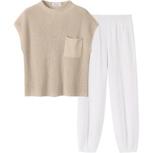 ANRABESS Women’s Two Piece Outfits Knit Sweater Vest Crop Top Pants Lounge Matching Tracksuit Sweatsuit Travel Clothes Sets(Khaki White)