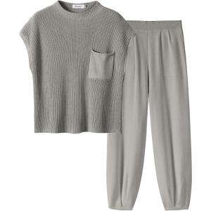 ANRABESS Women’s Two Piece Outfits Knit Sweater Vest Crop Top Pants Lounge Matching Tracksuit Sweatsuit Travel Clothes Sets(Light Grey)