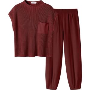 ANRABESS Women’s Two Piece Outfits Knit Sweater Vest Crop Top Pants Lounge Matching Tracksuit Sweatsuit Travel Clothes Sets(Maroon Red)
