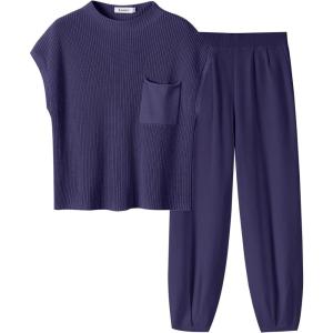 ANRABESS Women’s Two Piece Outfits Knit Sweater Vest Crop Top Pants Lounge Matching Tracksuit Sweatsuit Travel Clothes Sets(Purple)