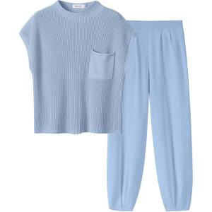 ANRABESS Women’s Two Piece Outfits Knit Sweater Vest Crop Top Pants Lounge Matching Tracksuit Sweatsuit Travel Clothes Sets(Sky)