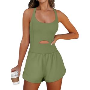 Caracilia Women’s Workout Athletic Romper Summer Sets Short Jumpsuits Onesie Running Outfits Exercise Gym 2025 Trendy Clothes(Army Green)
