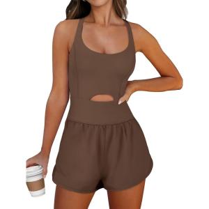 Caracilia Women’s Workout Athletic Romper Summer Sets Short Jumpsuits Onesie Running Outfits Exercise Gym 2025 Trendy Clothes(Coffee)