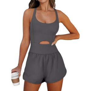 Caracilia Women’s Workout Athletic Romper Summer Sets Short Jumpsuits Onesie Running Outfits Exercise Gym 2025 Trendy Clothes(Grey)