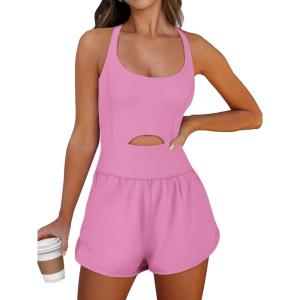 Caracilia Women’s Workout Athletic Romper Summer Sets Short Jumpsuits Onesie Running Outfits Exercise Gym 2025 Trendy Clothes(Pink)