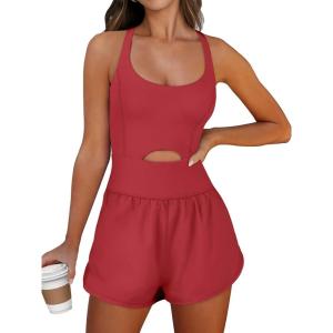 Caracilia Women’s Workout Athletic Romper Summer Sets Short Jumpsuits Onesie Running Outfits Exercise Gym 2025 Trendy Clothes(Red)
