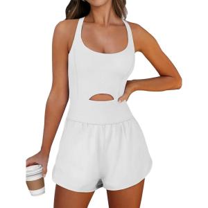 Caracilia Women’s Workout Athletic Romper Summer Sets Short Jumpsuits Onesie Running Outfits Exercise Gym 2025 Trendy Clothes(White)
