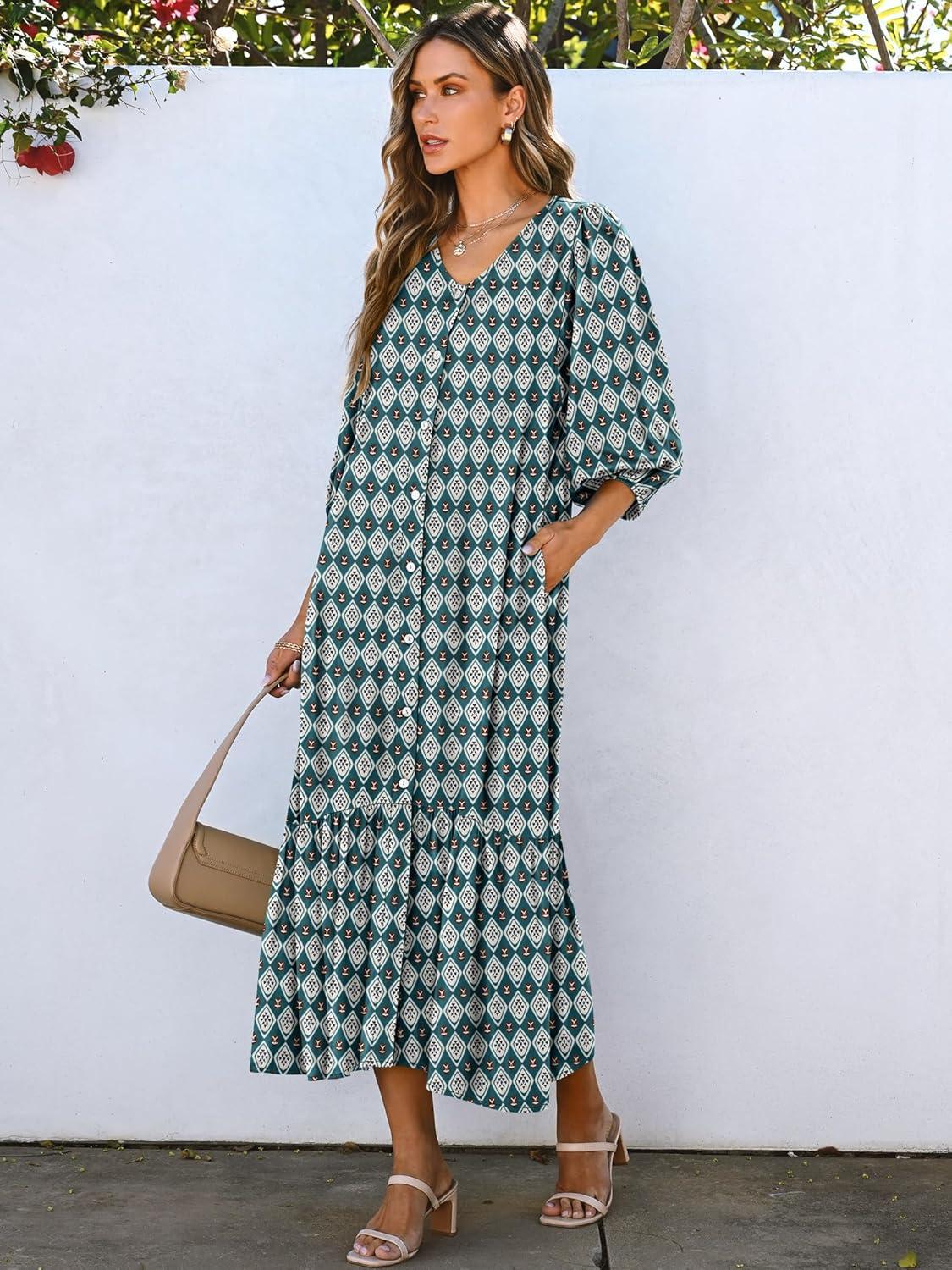 imageANRABESS Boho Maxi Dresses for Women Summer Puff Sleeve V Neck Flowy Long Casual Dress with Pockets 2025 Vacation OutfitsFloral Dark Green