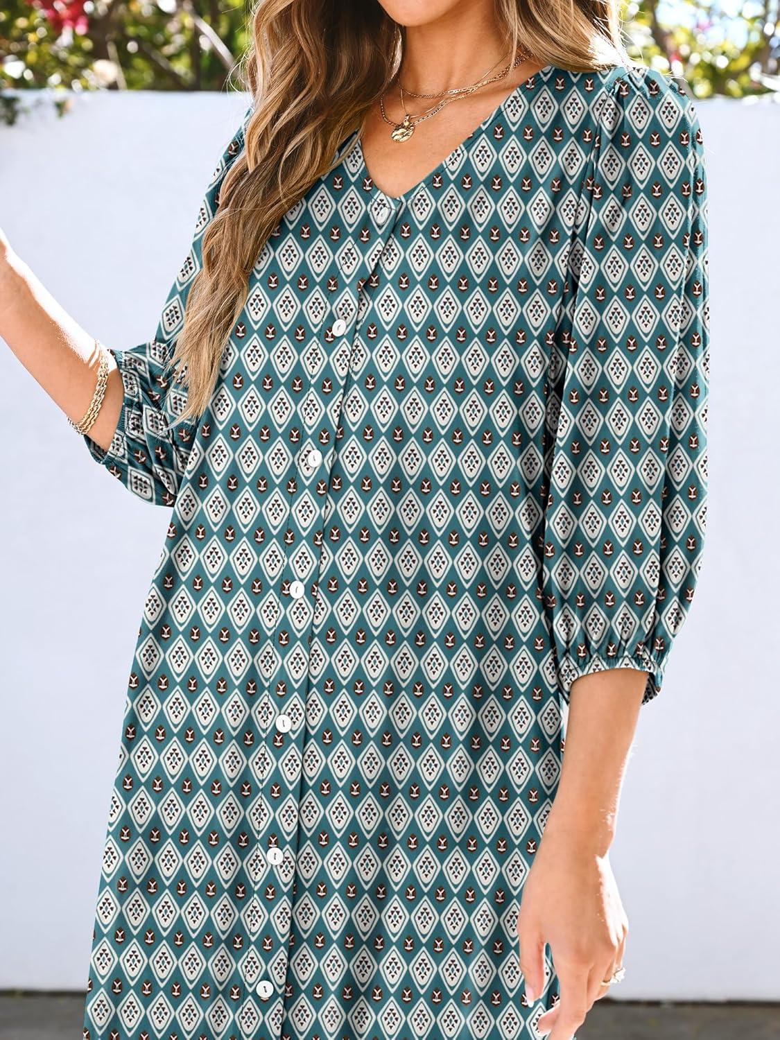 imageANRABESS Boho Maxi Dresses for Women Summer Puff Sleeve V Neck Flowy Long Casual Dress with Pockets 2025 Vacation OutfitsFloral Dark Green