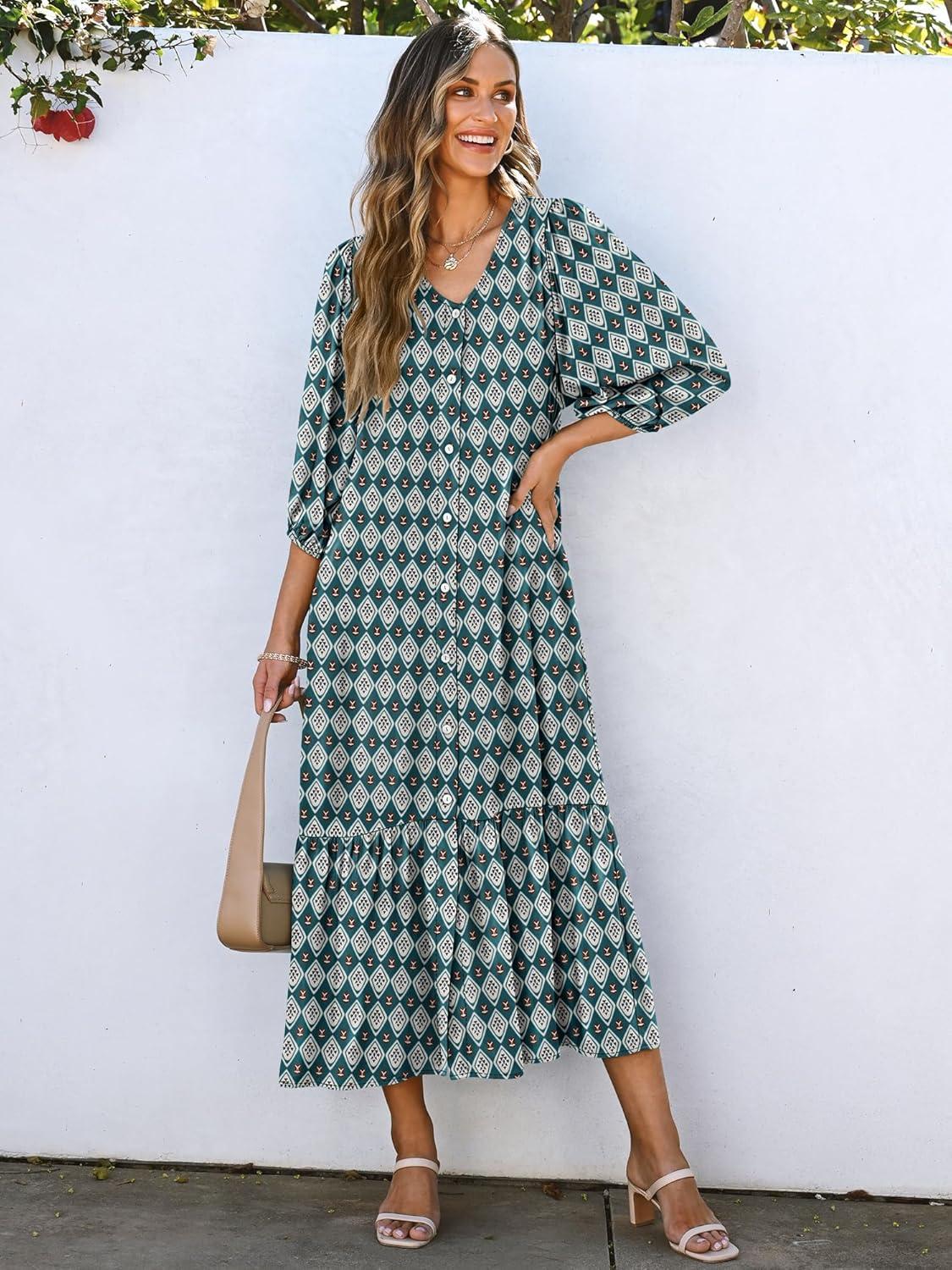 imageANRABESS Boho Maxi Dresses for Women Summer Puff Sleeve V Neck Flowy Long Casual Dress with Pockets 2025 Vacation OutfitsFloral Dark Green