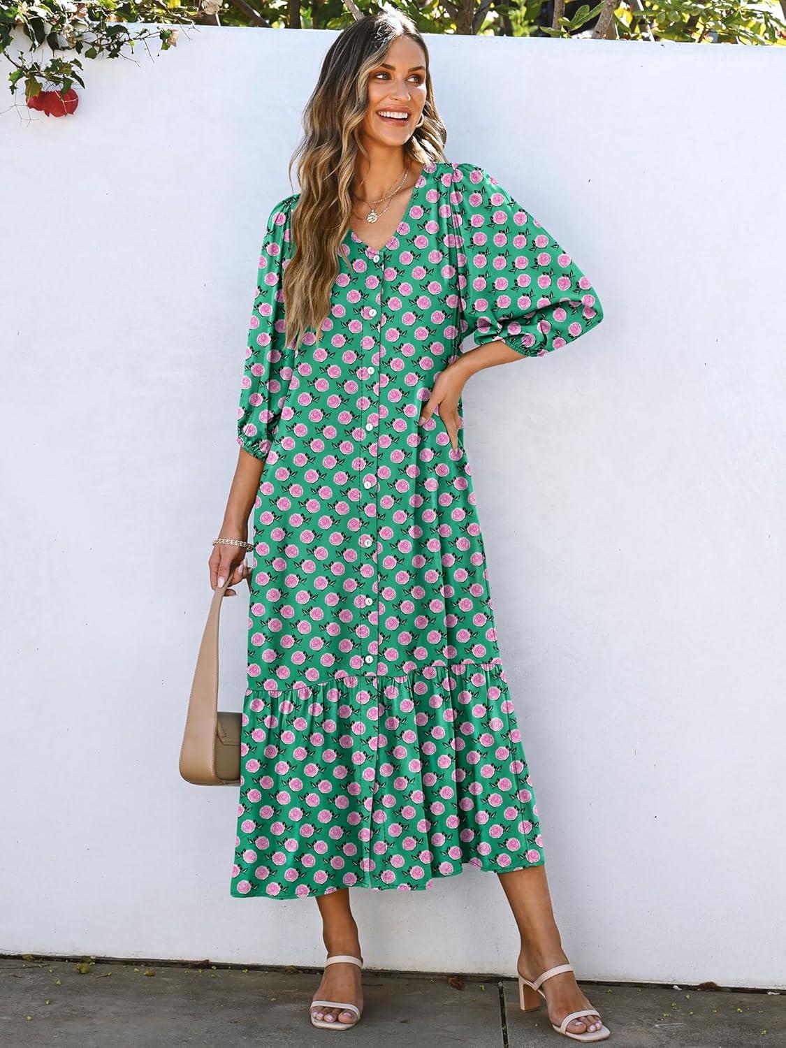 imageANRABESS Boho Maxi Dresses for Women Summer Puff Sleeve V Neck Flowy Long Casual Dress with Pockets 2025 Vacation OutfitsFloral Green