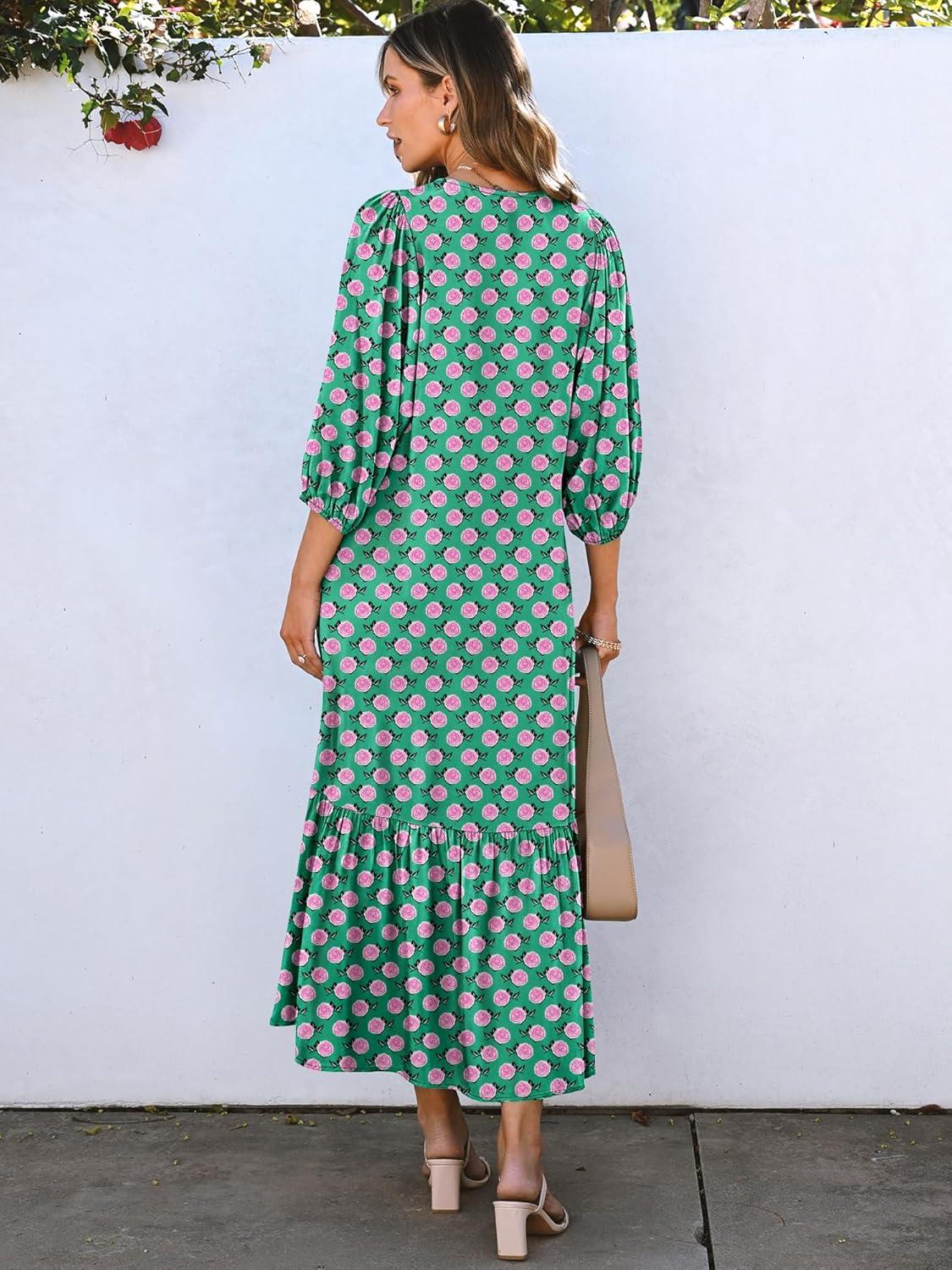 imageANRABESS Boho Maxi Dresses for Women Summer Puff Sleeve V Neck Flowy Long Casual Dress with Pockets 2025 Vacation OutfitsFloral Green