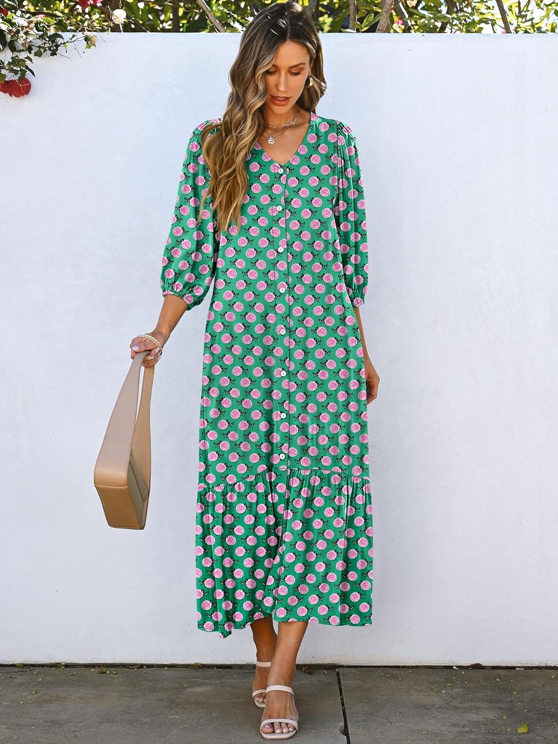 imageANRABESS Boho Maxi Dresses for Women Summer Puff Sleeve V Neck Flowy Long Casual Dress with Pockets 2025 Vacation OutfitsFloral Green