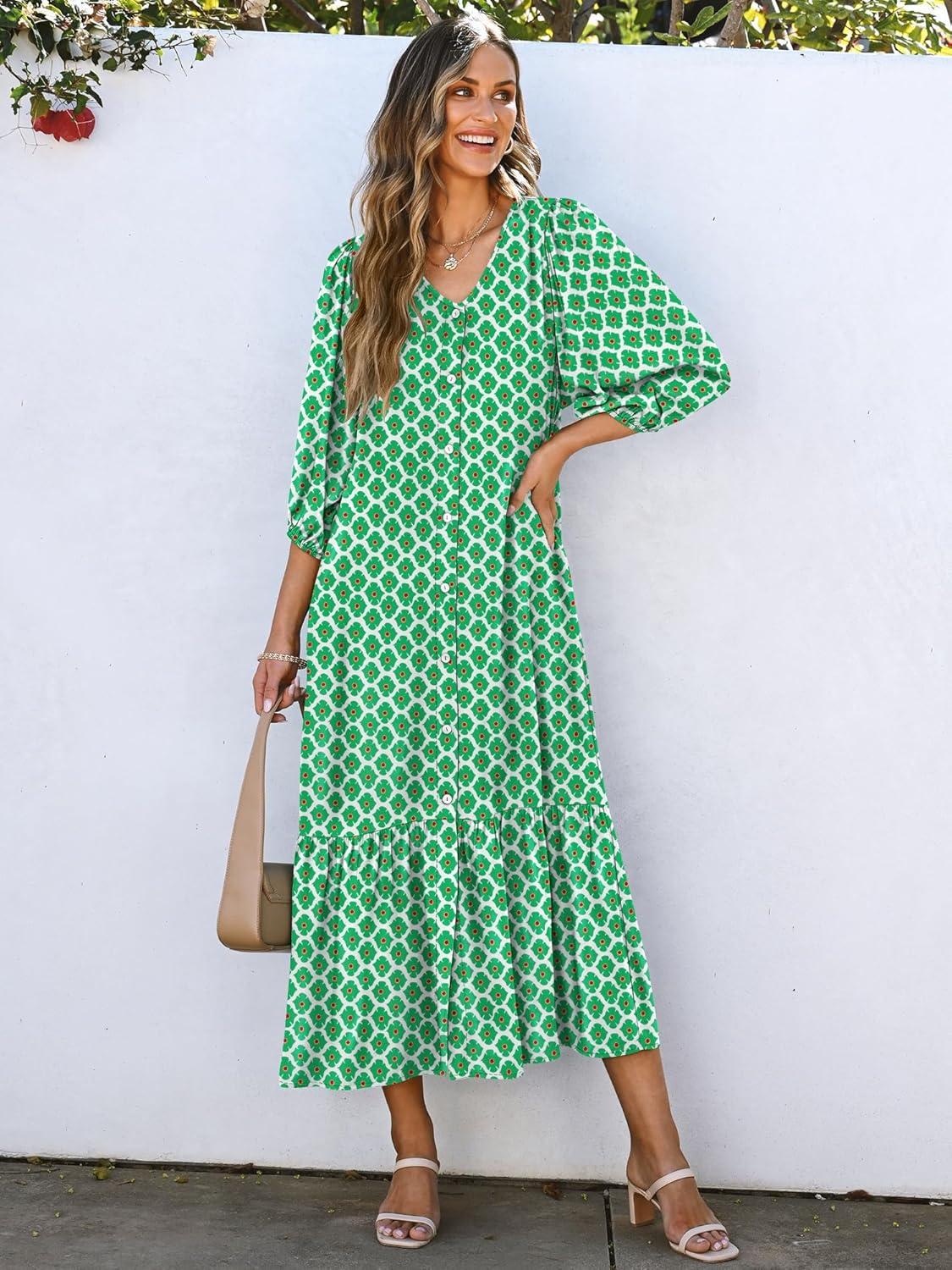 imageANRABESS Boho Maxi Dresses for Women Summer Puff Sleeve V Neck Flowy Long Casual Dress with Pockets 2025 Vacation OutfitsFloral Light Green