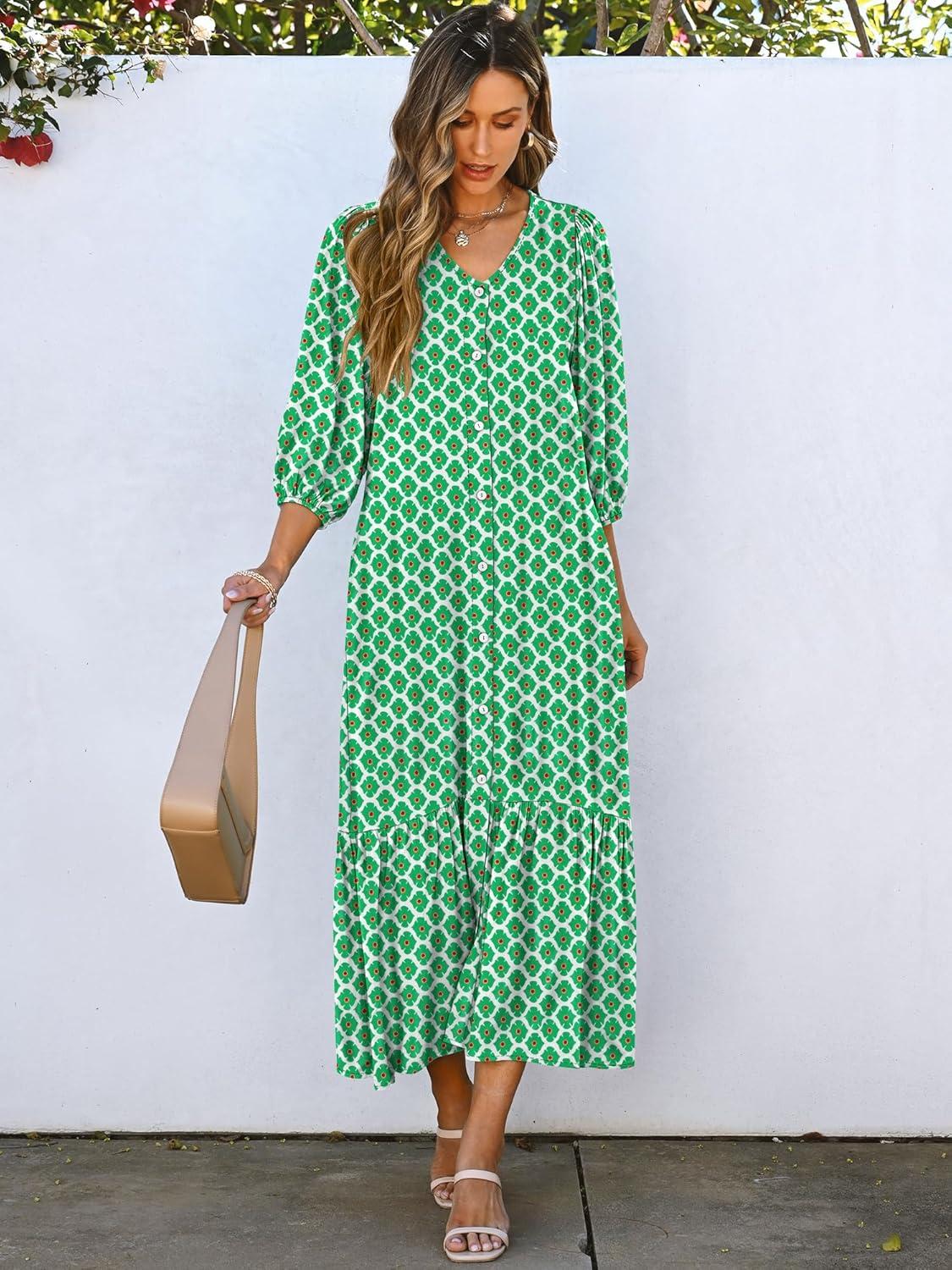 imageANRABESS Boho Maxi Dresses for Women Summer Puff Sleeve V Neck Flowy Long Casual Dress with Pockets 2025 Vacation OutfitsFloral Light Green