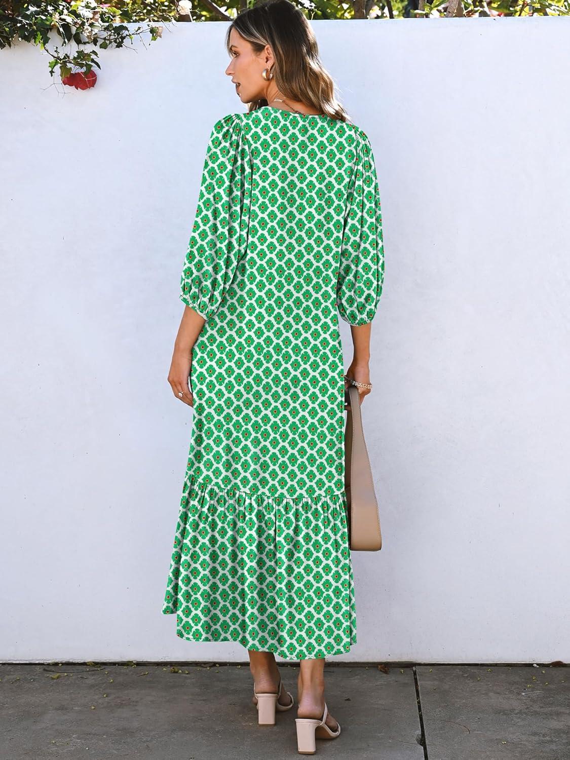 imageANRABESS Boho Maxi Dresses for Women Summer Puff Sleeve V Neck Flowy Long Casual Dress with Pockets 2025 Vacation OutfitsFloral Light Green