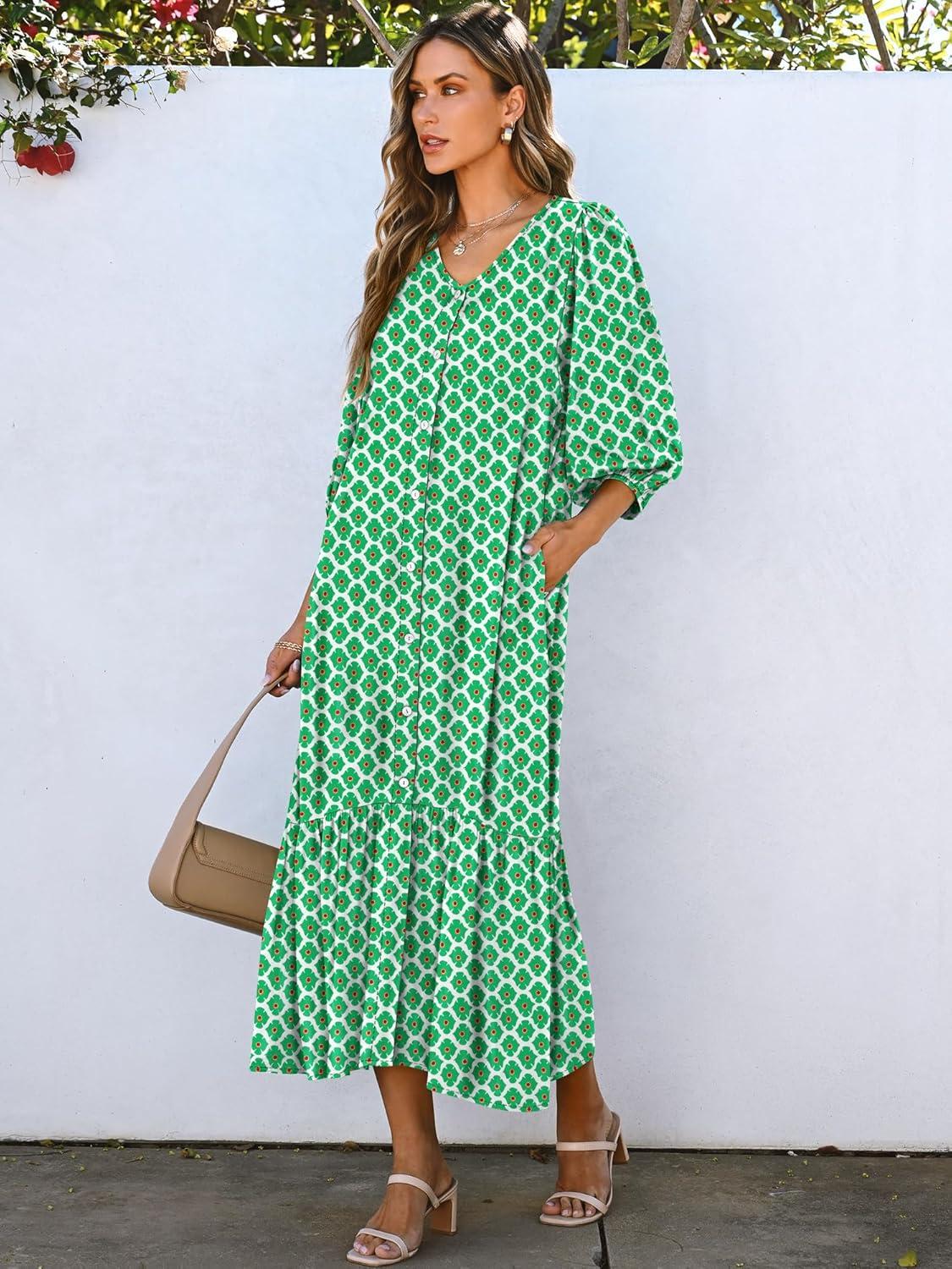 imageANRABESS Boho Maxi Dresses for Women Summer Puff Sleeve V Neck Flowy Long Casual Dress with Pockets 2025 Vacation OutfitsFloral Light Green