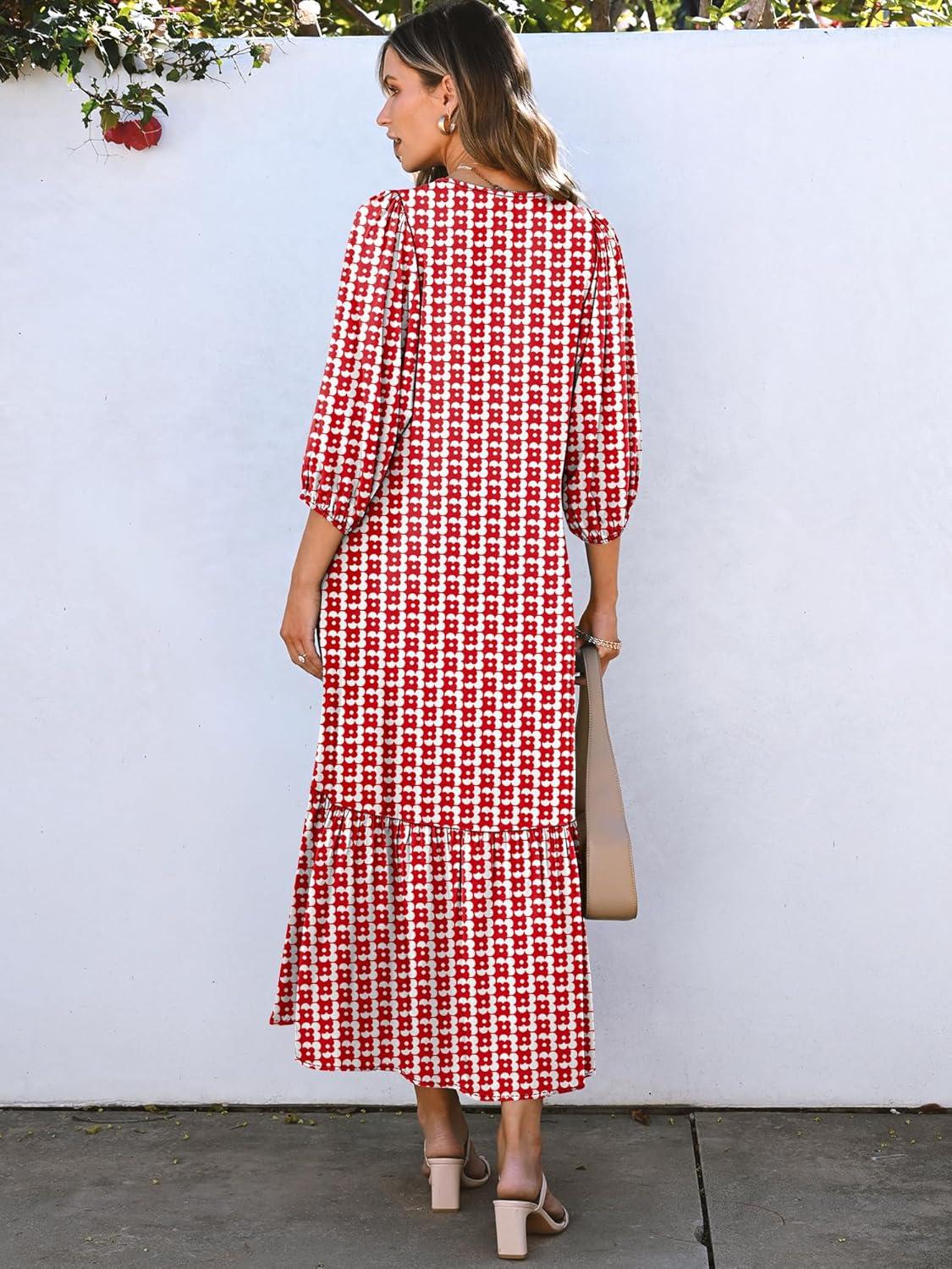 imageANRABESS Boho Maxi Dresses for Women Summer Puff Sleeve V Neck Flowy Long Casual Dress with Pockets 2025 Vacation OutfitsFloral Red