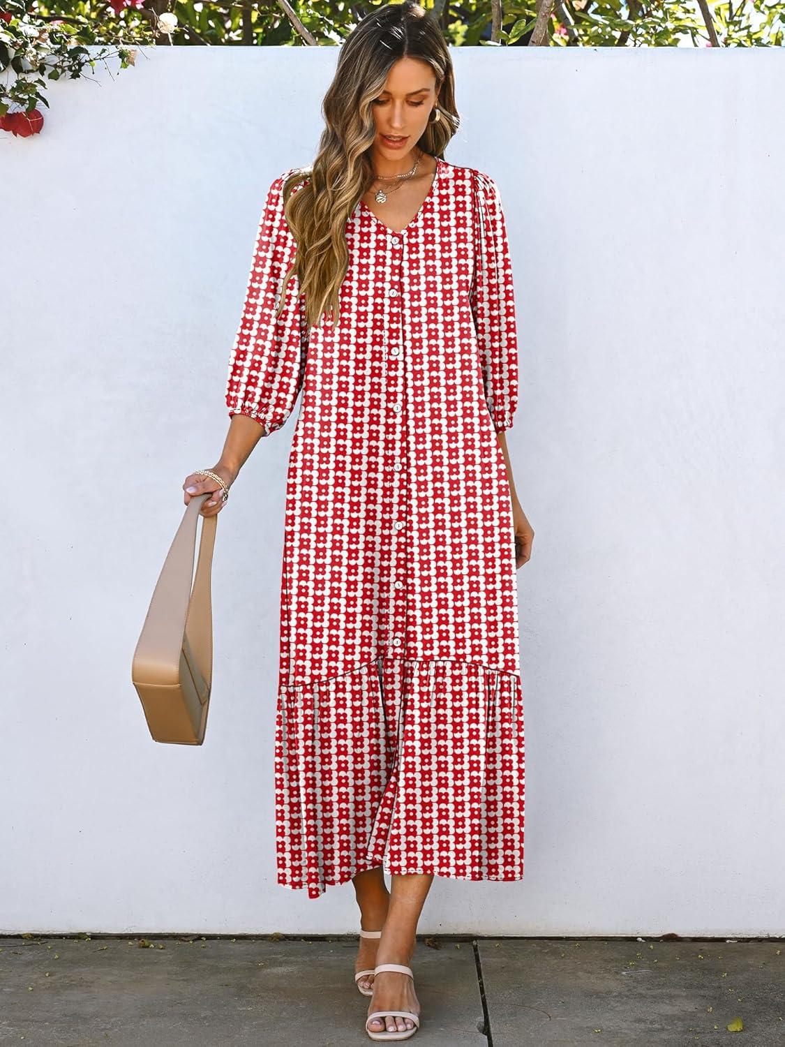 imageANRABESS Boho Maxi Dresses for Women Summer Puff Sleeve V Neck Flowy Long Casual Dress with Pockets 2025 Vacation OutfitsFloral Red