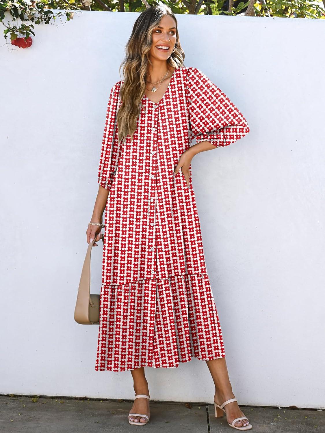 imageANRABESS Boho Maxi Dresses for Women Summer Puff Sleeve V Neck Flowy Long Casual Dress with Pockets 2025 Vacation OutfitsFloral Red