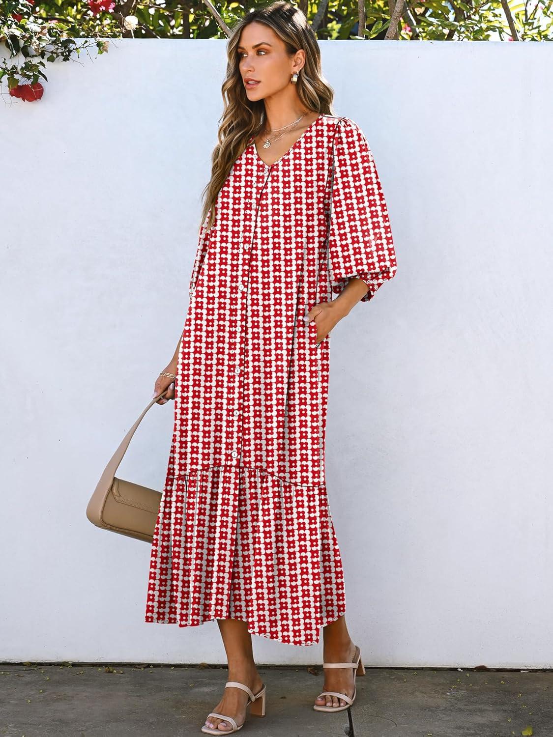 imageANRABESS Boho Maxi Dresses for Women Summer Puff Sleeve V Neck Flowy Long Casual Dress with Pockets 2025 Vacation OutfitsFloral Red