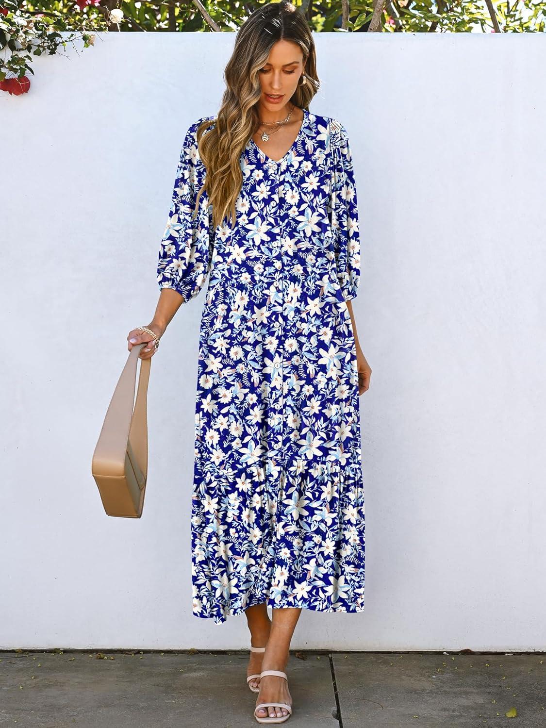imageANRABESS Boho Maxi Dresses for Women Summer Puff Sleeve V Neck Flowy Long Casual Dress with Pockets 2025 Vacation OutfitsFloral White