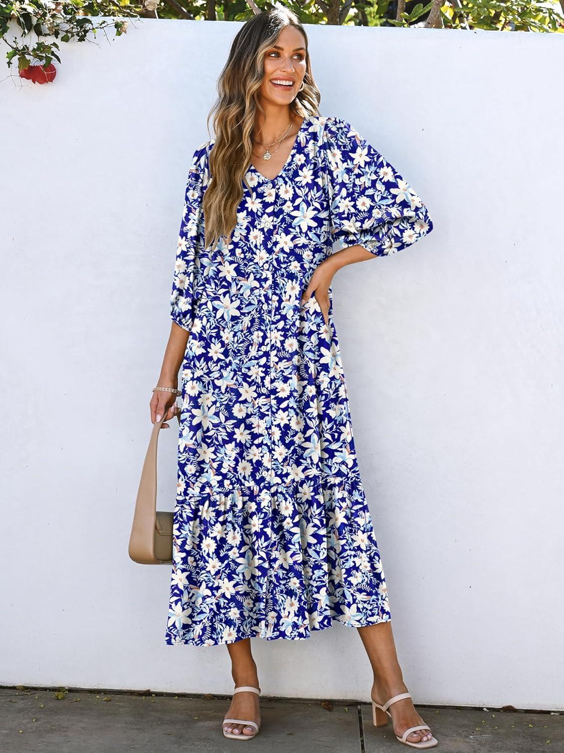imageANRABESS Boho Maxi Dresses for Women Summer Puff Sleeve V Neck Flowy Long Casual Dress with Pockets 2025 Vacation OutfitsFloral White