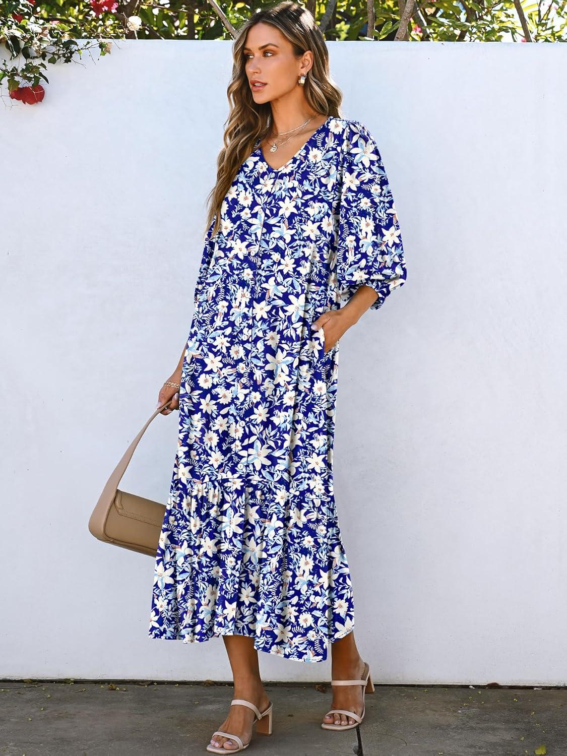 imageANRABESS Boho Maxi Dresses for Women Summer Puff Sleeve V Neck Flowy Long Casual Dress with Pockets 2025 Vacation OutfitsFloral White