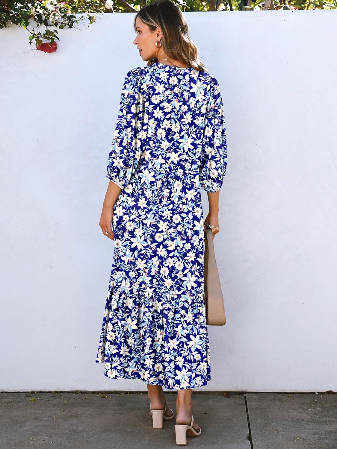 imageANRABESS Boho Maxi Dresses for Women Summer Puff Sleeve V Neck Flowy Long Casual Dress with Pockets 2025 Vacation OutfitsFloral White