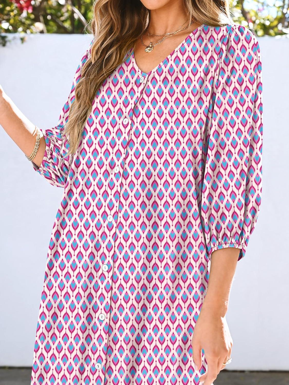 imageANRABESS Boho Maxi Dresses for Women Summer Puff Sleeve V Neck Flowy Long Casual Dress with Pockets 2025 Vacation OutfitsLeaves Hot Pink