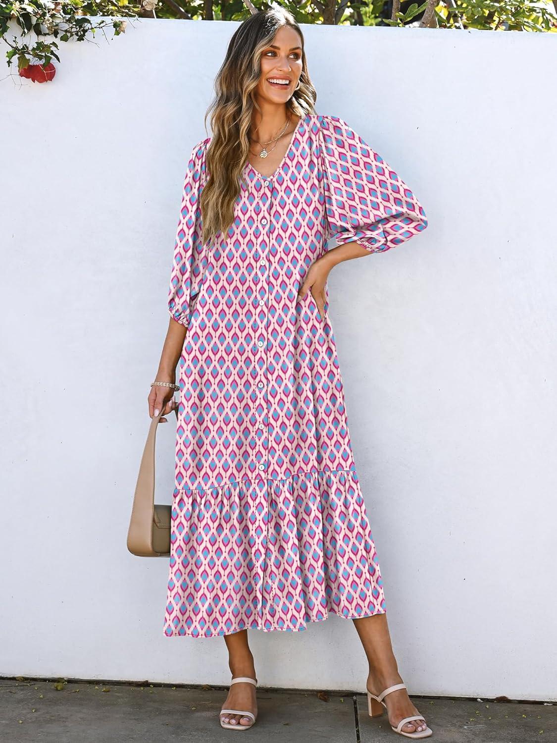 imageANRABESS Boho Maxi Dresses for Women Summer Puff Sleeve V Neck Flowy Long Casual Dress with Pockets 2025 Vacation OutfitsLeaves Hot Pink