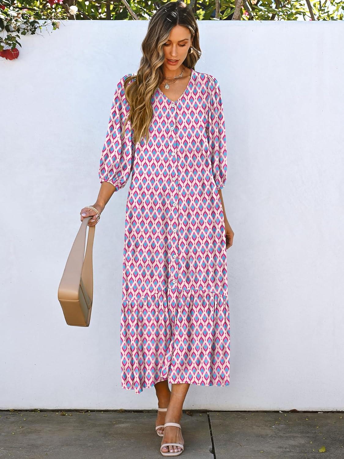 imageANRABESS Boho Maxi Dresses for Women Summer Puff Sleeve V Neck Flowy Long Casual Dress with Pockets 2025 Vacation OutfitsLeaves Hot Pink
