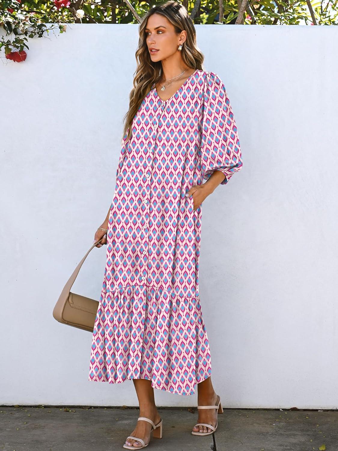 imageANRABESS Boho Maxi Dresses for Women Summer Puff Sleeve V Neck Flowy Long Casual Dress with Pockets 2025 Vacation OutfitsLeaves Hot Pink