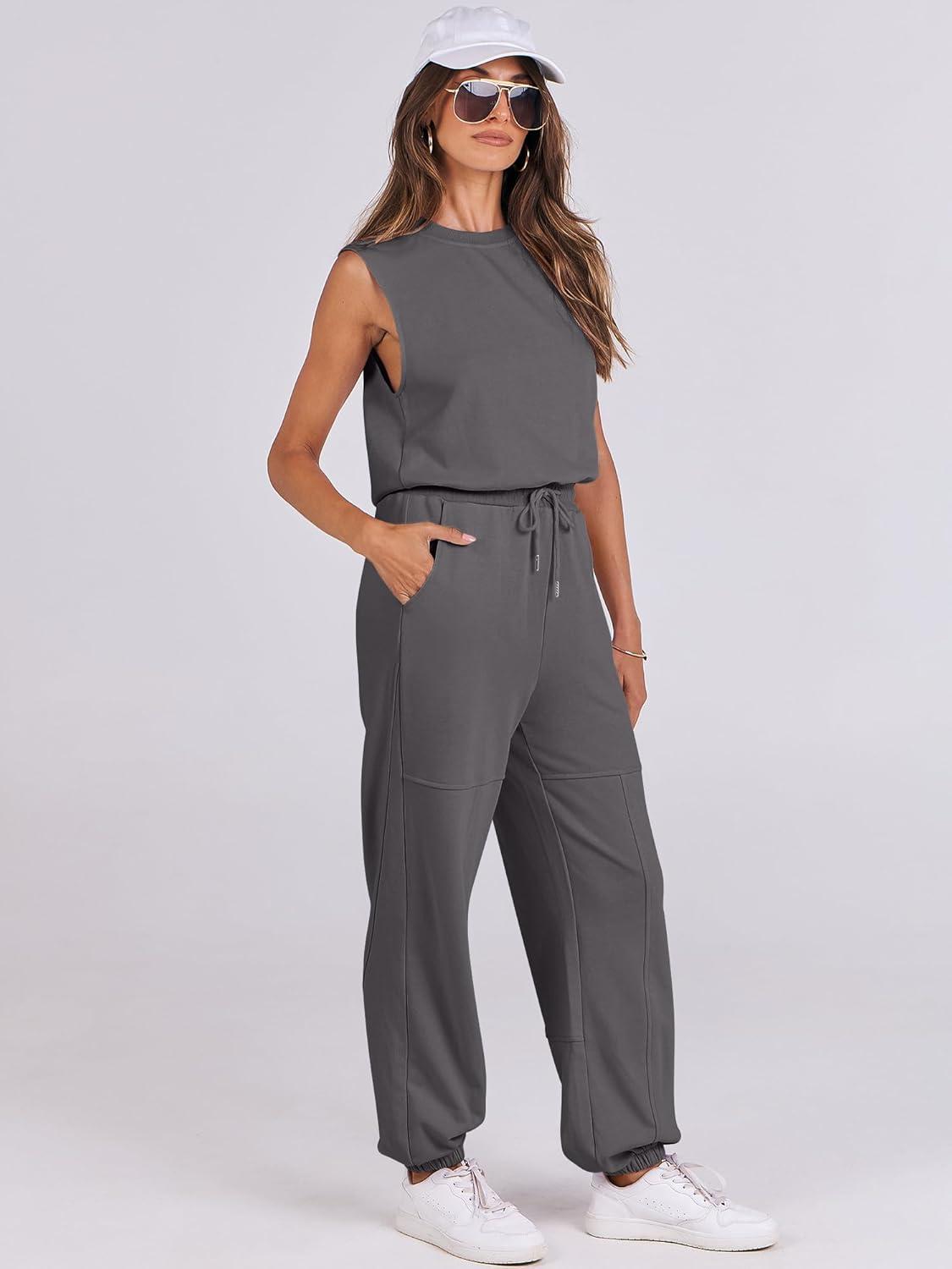 imageANRABESS Jumpsuits for Women Casual Summer Sleeveless 2025 Romper One Piece Outfit Active Workout Lounge Jumpsuits PocketsDark Gray