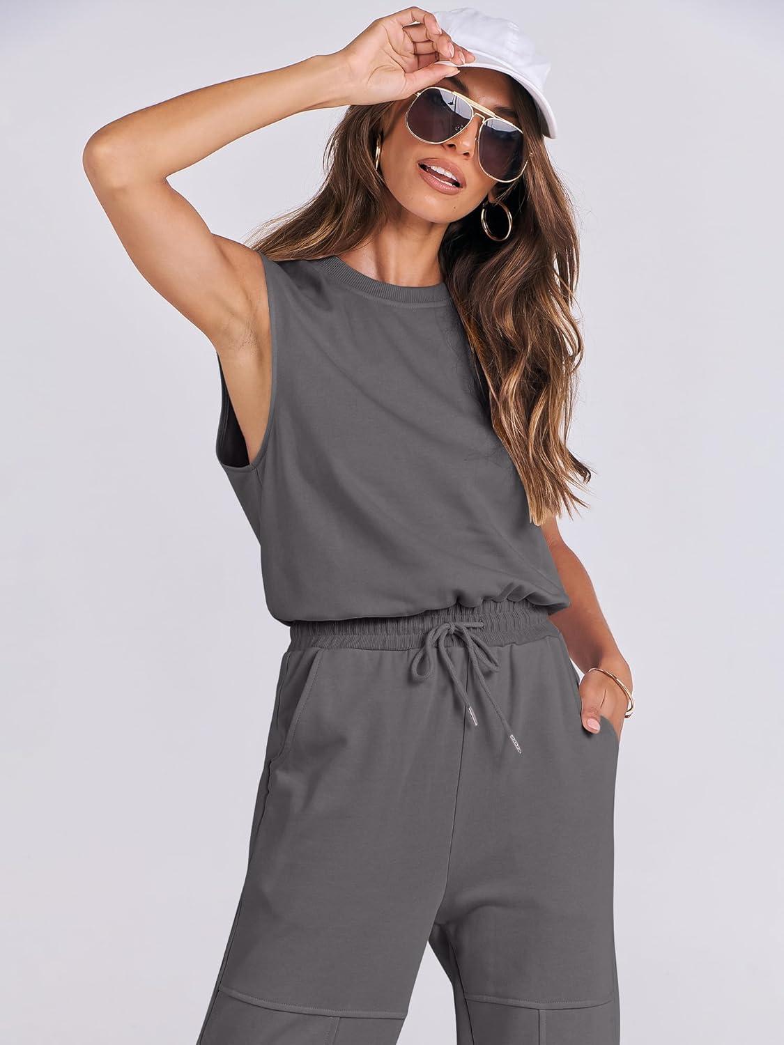 imageANRABESS Jumpsuits for Women Casual Summer Sleeveless 2025 Romper One Piece Outfit Active Workout Lounge Jumpsuits PocketsDark Gray