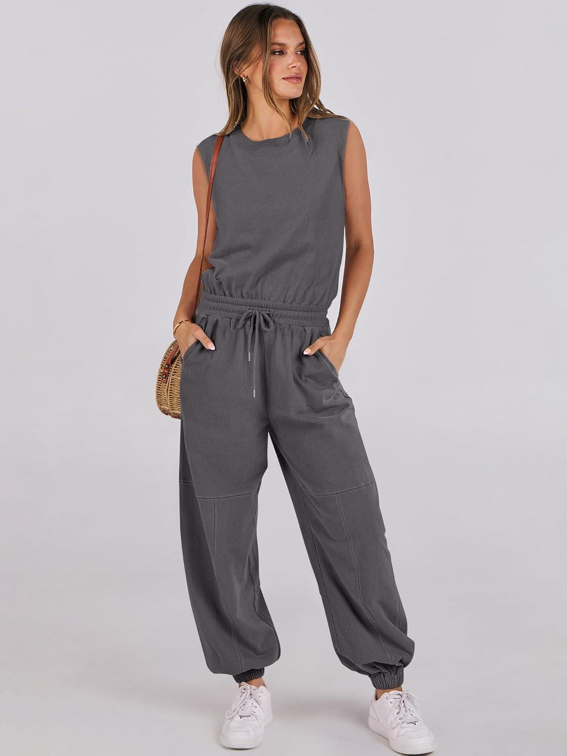 imageANRABESS Jumpsuits for Women Casual Summer Sleeveless 2025 Romper One Piece Outfit Active Workout Lounge Jumpsuits PocketsDark Gray