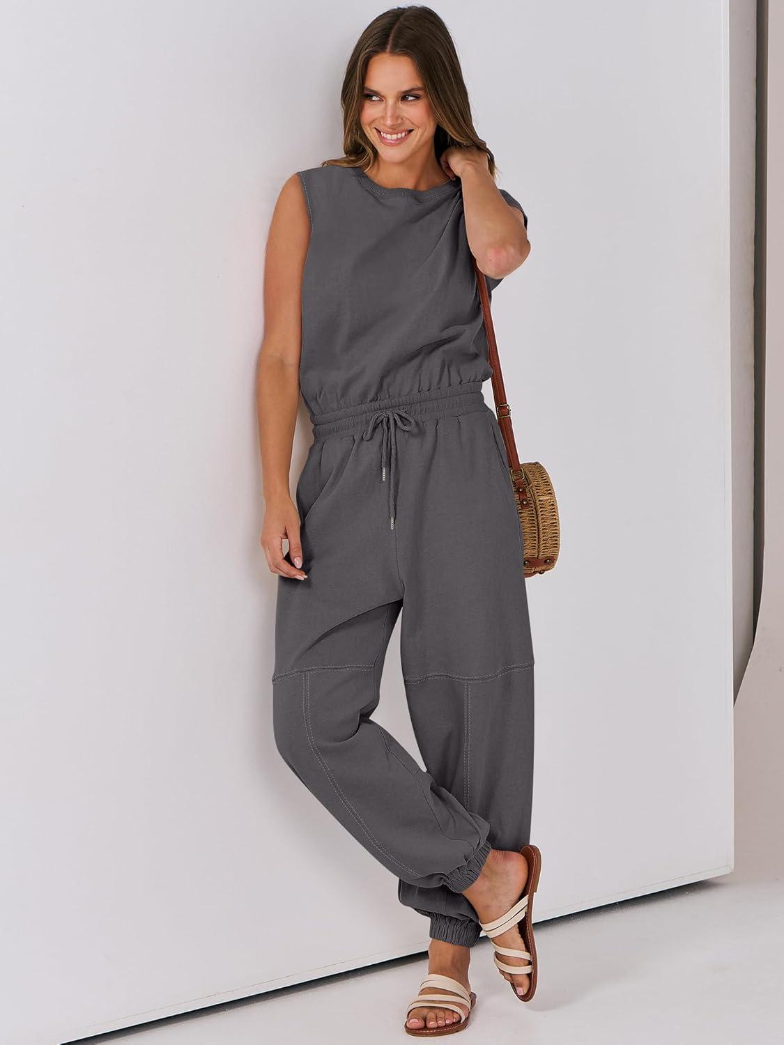 imageANRABESS Jumpsuits for Women Casual Summer Sleeveless 2025 Romper One Piece Outfit Active Workout Lounge Jumpsuits PocketsDark Gray