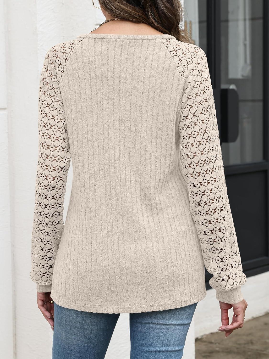 imageANRABESS Lace Long Sleeve Tops for Women 2025 Fall Business Casual V Neck Shirts Work Office Trendy Blouses Fashion OutfitsLight Khaki