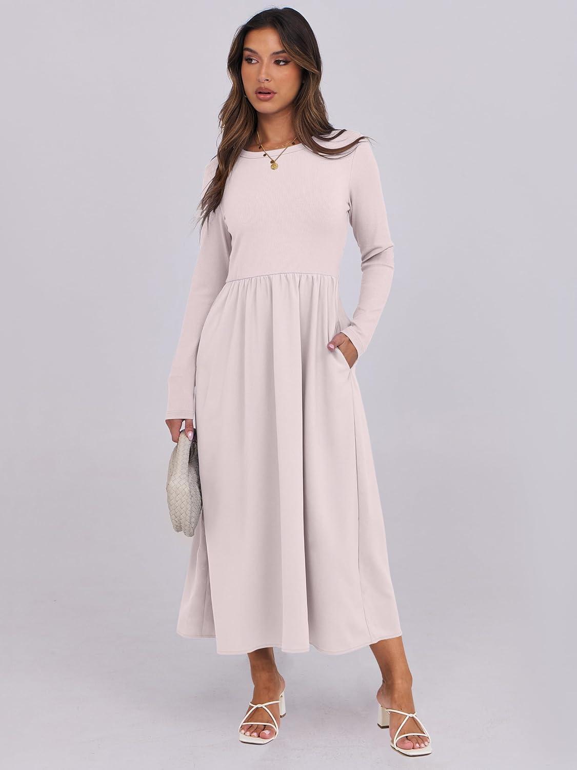 imageANRABESS Long Sleeve Midi Dresses for Women 2025 Fall Fashion Casual Rib Knit Patchwork Tight Top Modest Flowy Dress PocketBeige