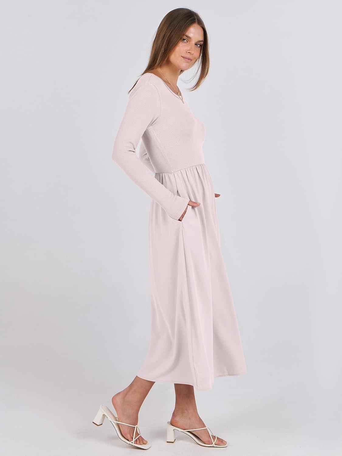 imageANRABESS Long Sleeve Midi Dresses for Women 2025 Fall Fashion Casual Rib Knit Patchwork Tight Top Modest Flowy Dress PocketBeige