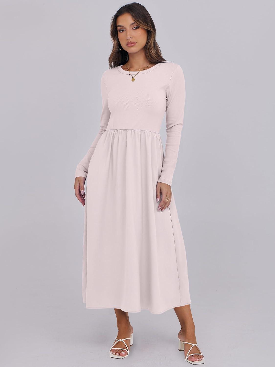 imageANRABESS Long Sleeve Midi Dresses for Women 2025 Fall Fashion Casual Rib Knit Patchwork Tight Top Modest Flowy Dress PocketBeige