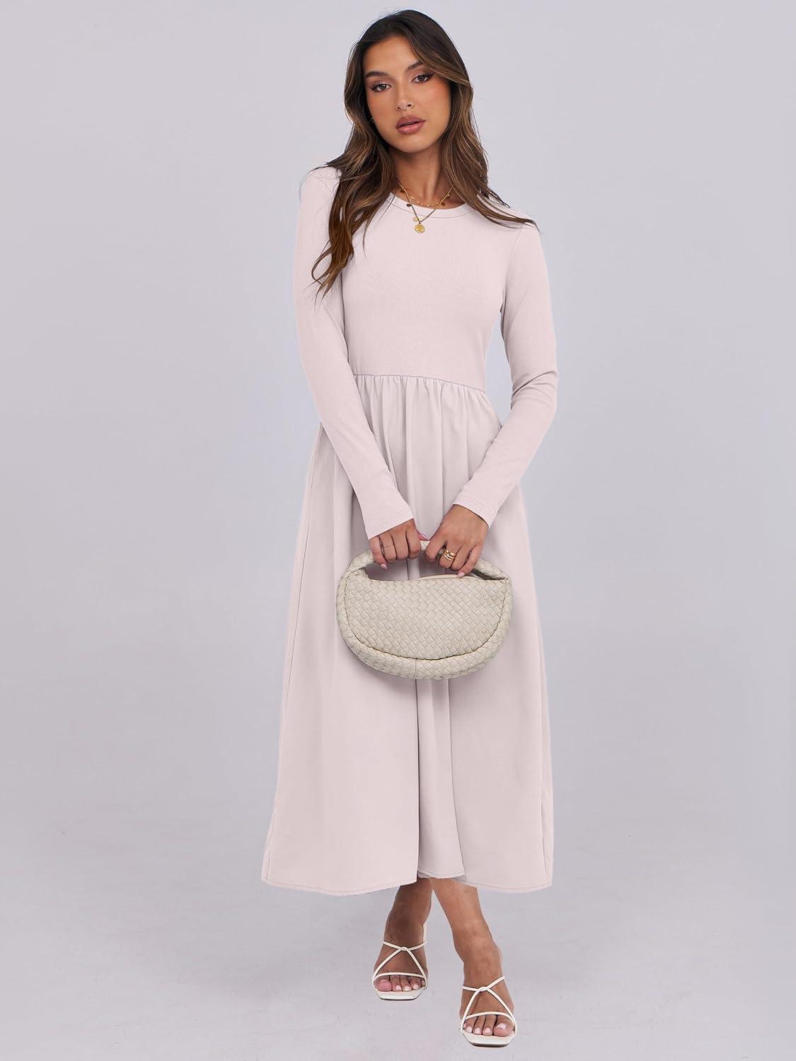 imageANRABESS Long Sleeve Midi Dresses for Women 2025 Fall Fashion Casual Rib Knit Patchwork Tight Top Modest Flowy Dress PocketBeige