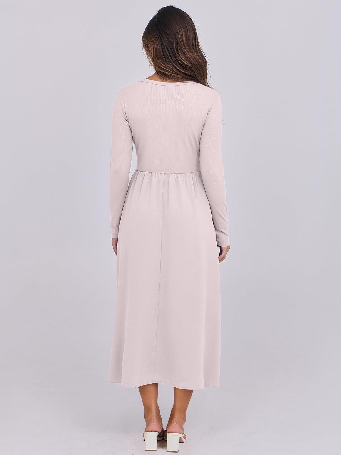 imageANRABESS Long Sleeve Midi Dresses for Women 2025 Fall Fashion Casual Rib Knit Patchwork Tight Top Modest Flowy Dress PocketBeige