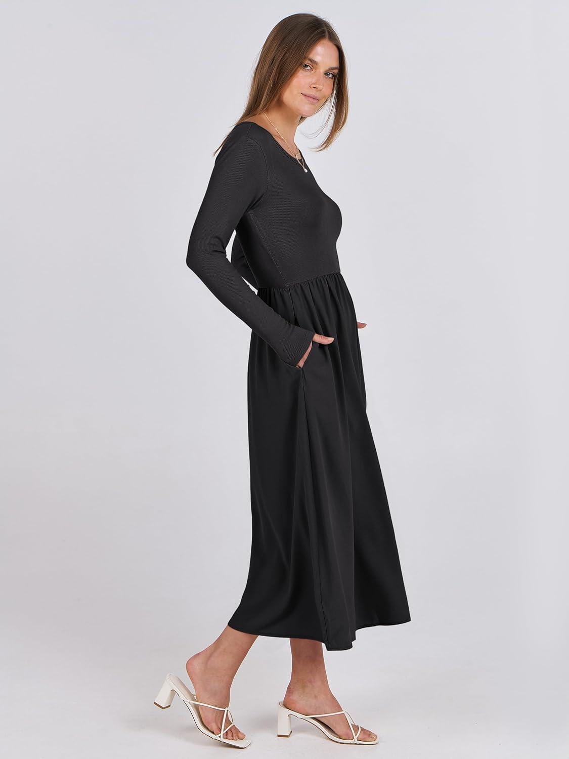 imageANRABESS Long Sleeve Midi Dresses for Women 2025 Fall Fashion Casual Rib Knit Patchwork Tight Top Modest Flowy Dress PocketBlack